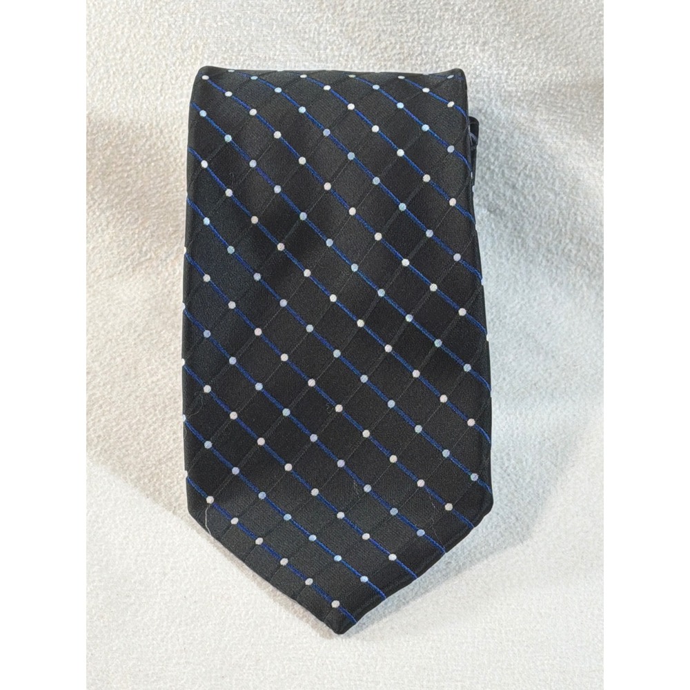 Stafford Tailored Culture Mens Tie Black Blue Pinstripe White Polka Dot Poly